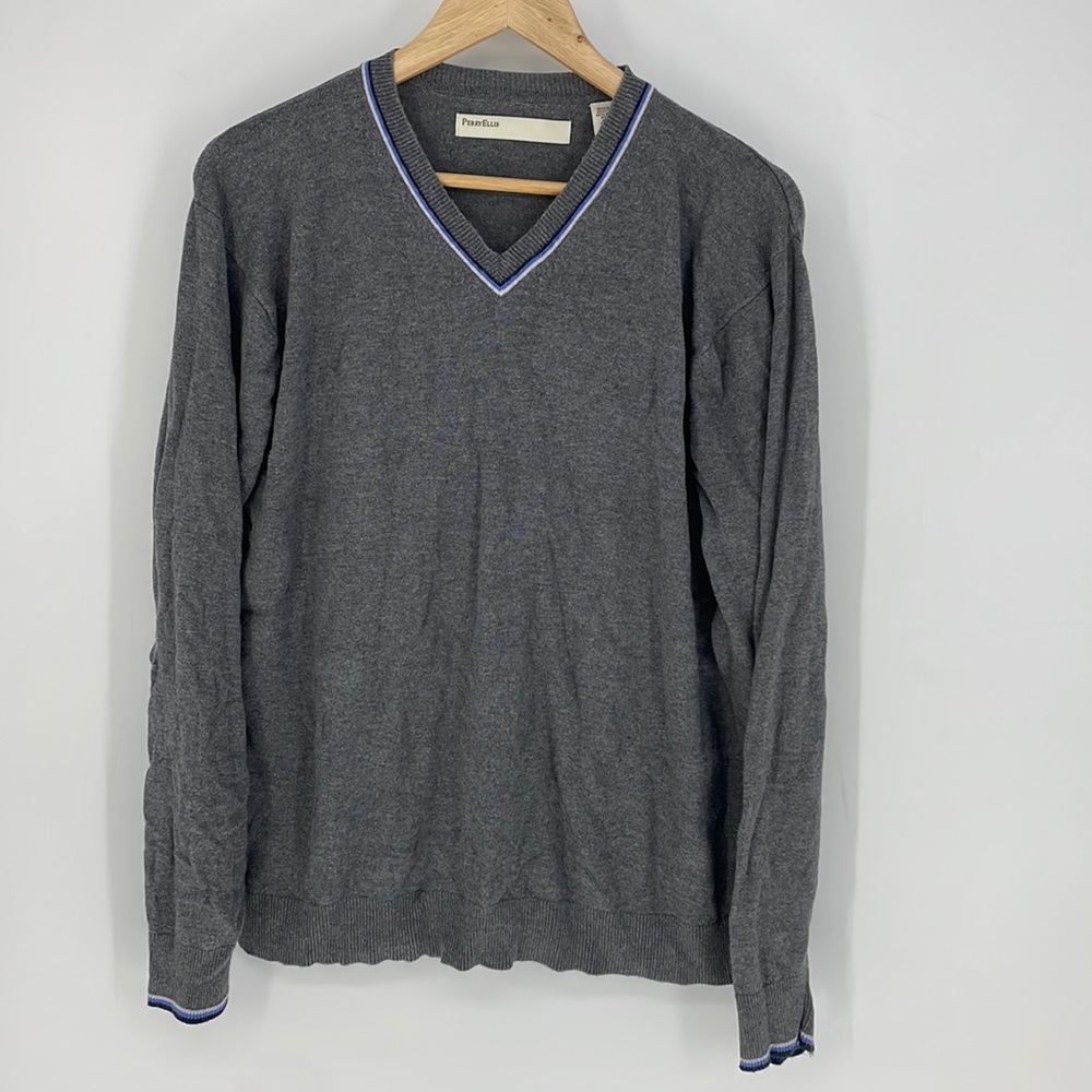 PERRY ELLIS preppy v-neck pull over cotton blend sweater grey blue size XL men's
